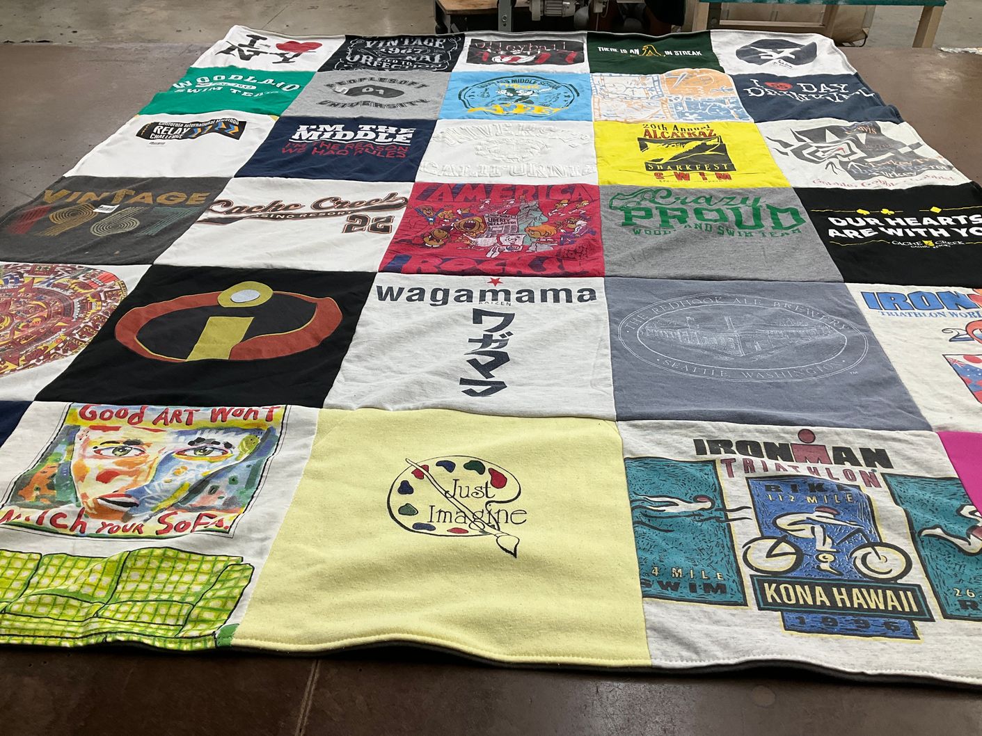 T-shirt quilt with triathlon, art themes by Ashley from CA