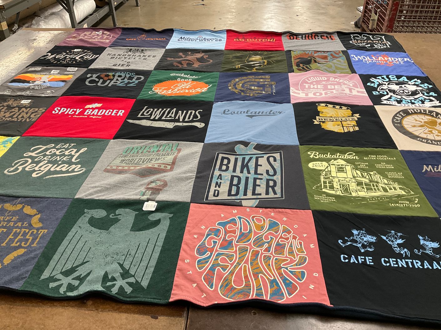 T-shirt quilt with food, beer themes by Karli from WI