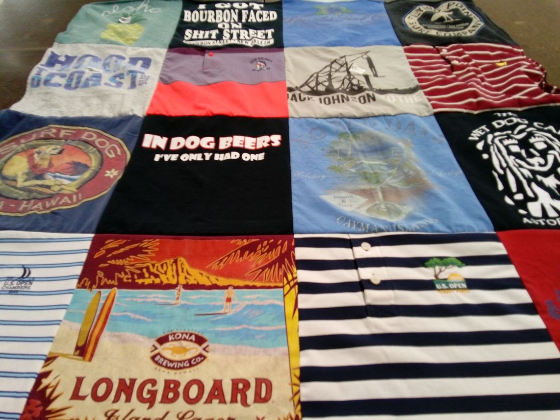 T-shirt quilt with beaches, surfing themes by Stacey from OR