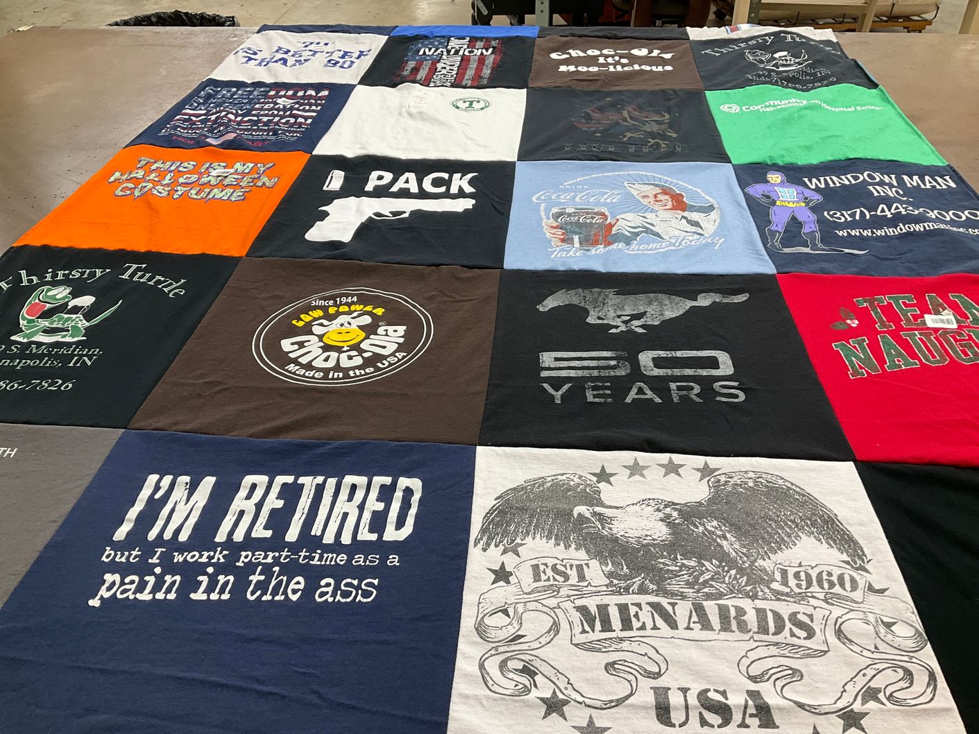 T-shirt quilt with collecting, humor themes by Marie E from IN