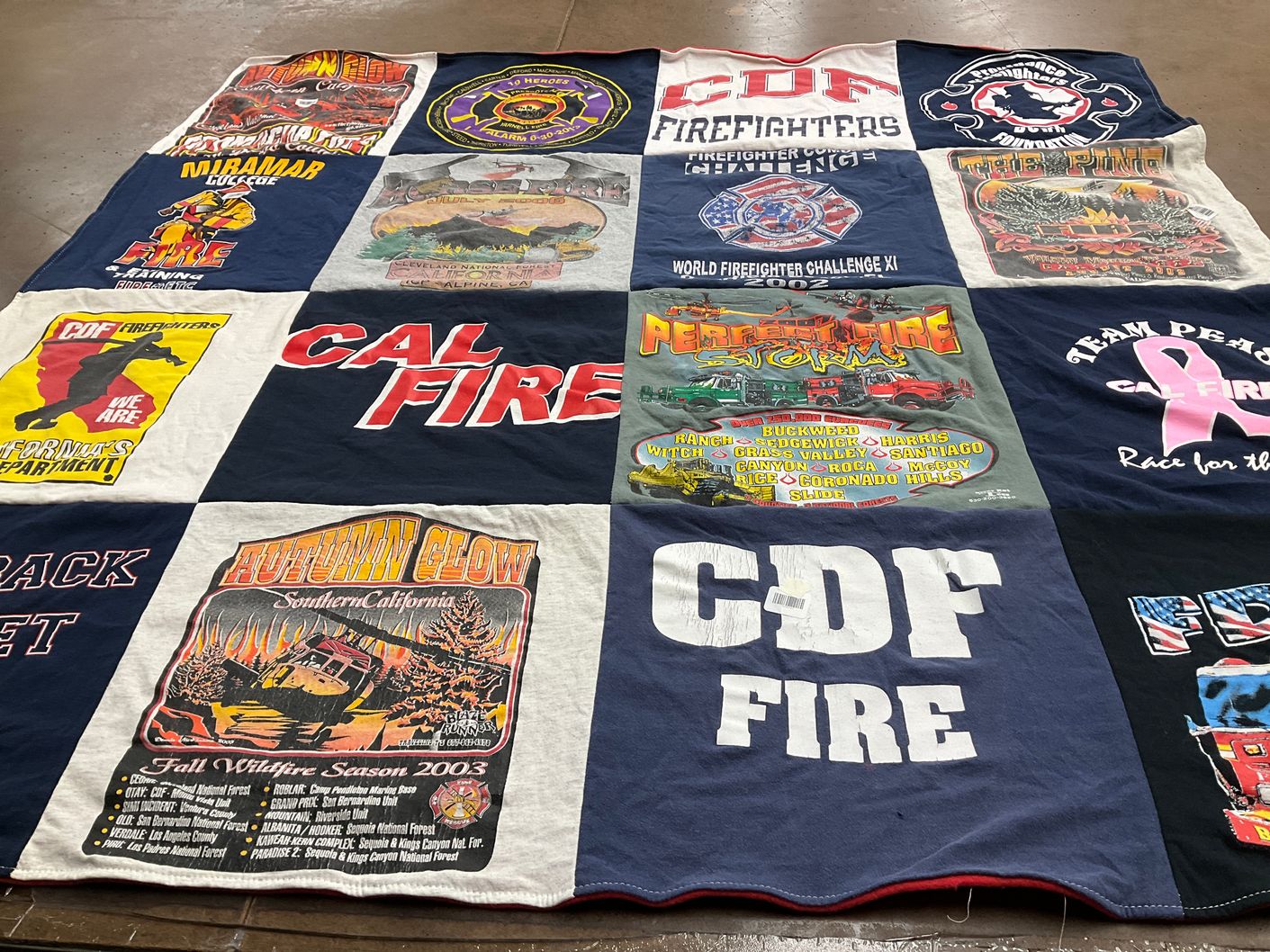 T-shirt quilt with firefighting, wildfire prevention themes by MIchelle from FL