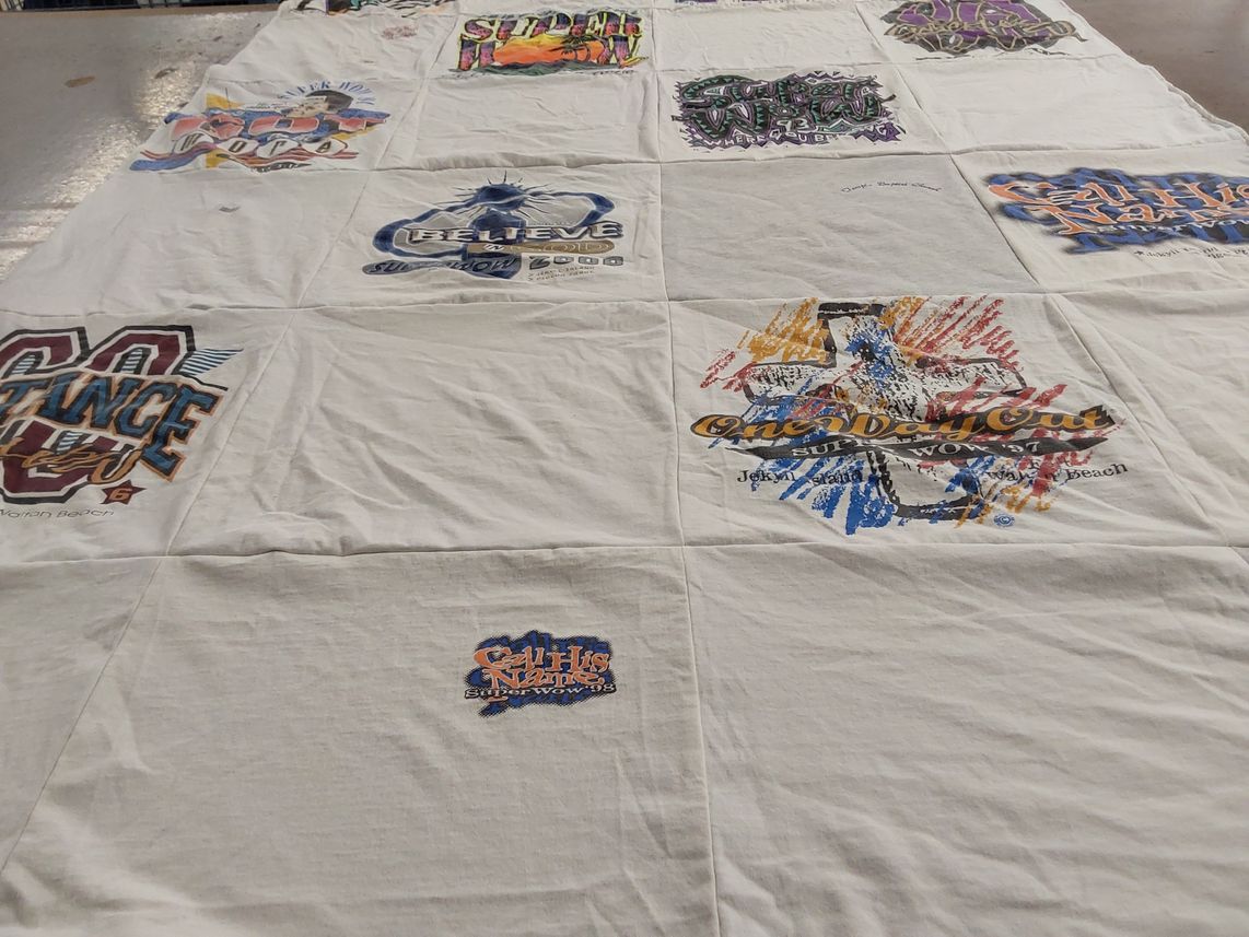 T-shirt quilt with beach, surfing themes by Wanda from GA