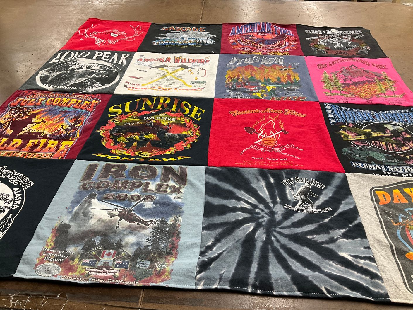 T-shirt quilt with wildfire, firefighting themes by Kim from CA