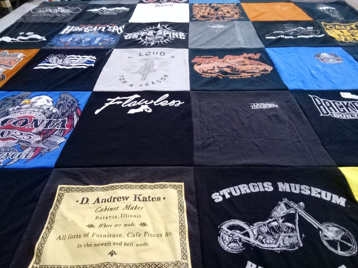 T-shirt quilt with motorcycles, craftsmanship themes by Don from SD