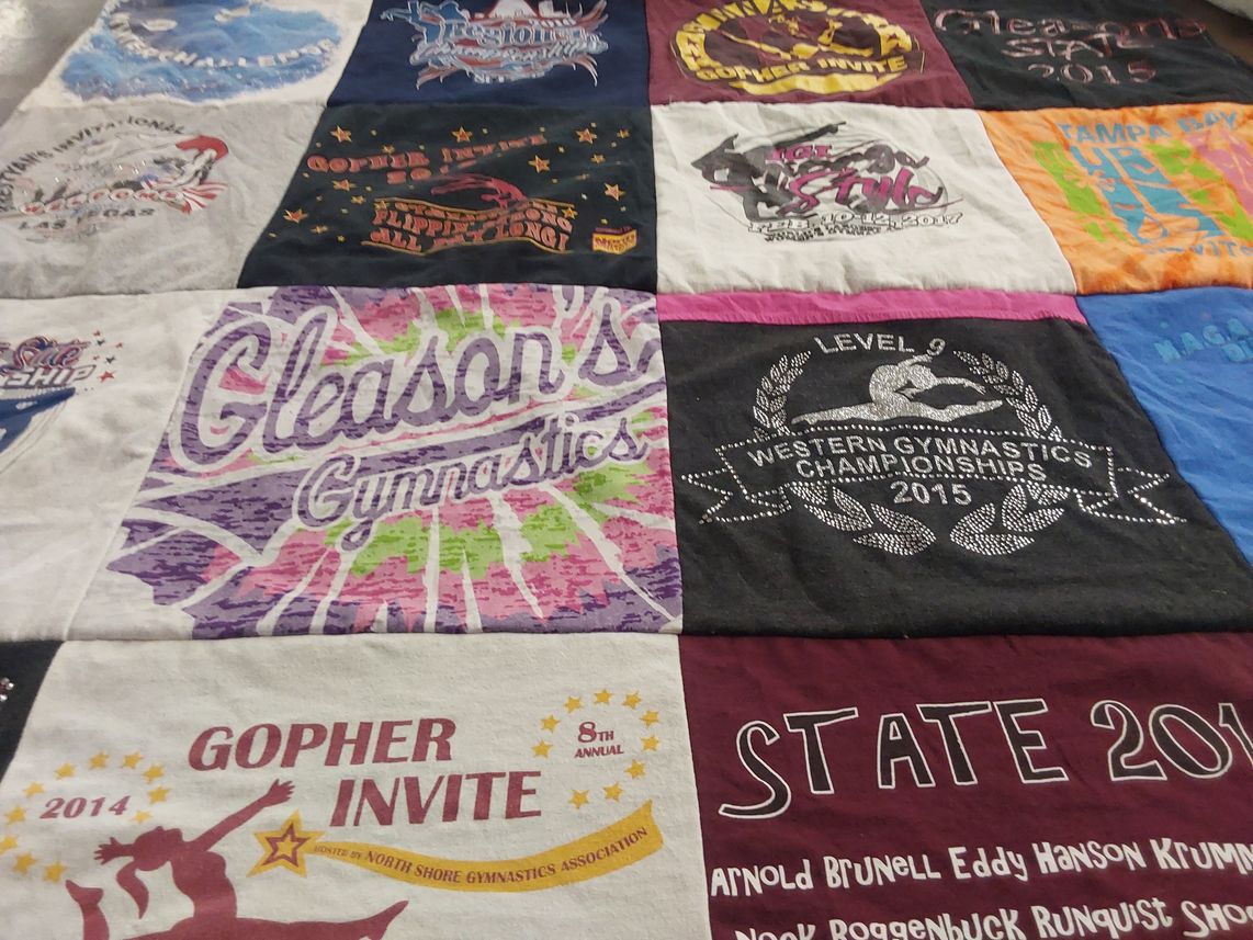 T-shirt quilt with gymnastics themes by Chad from MN