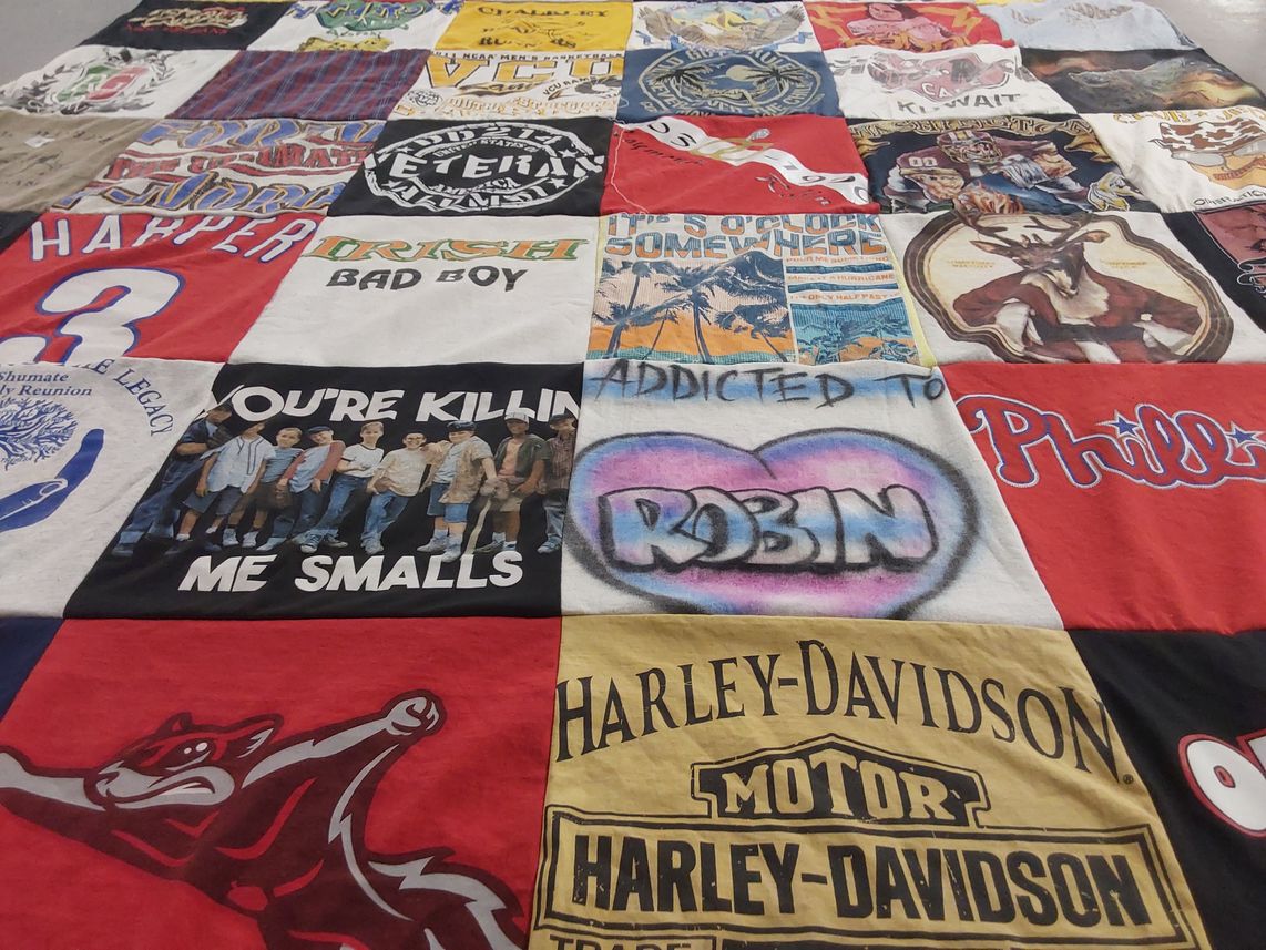 T-shirt quilt with motorcycles, sports themes by Raymond from VA