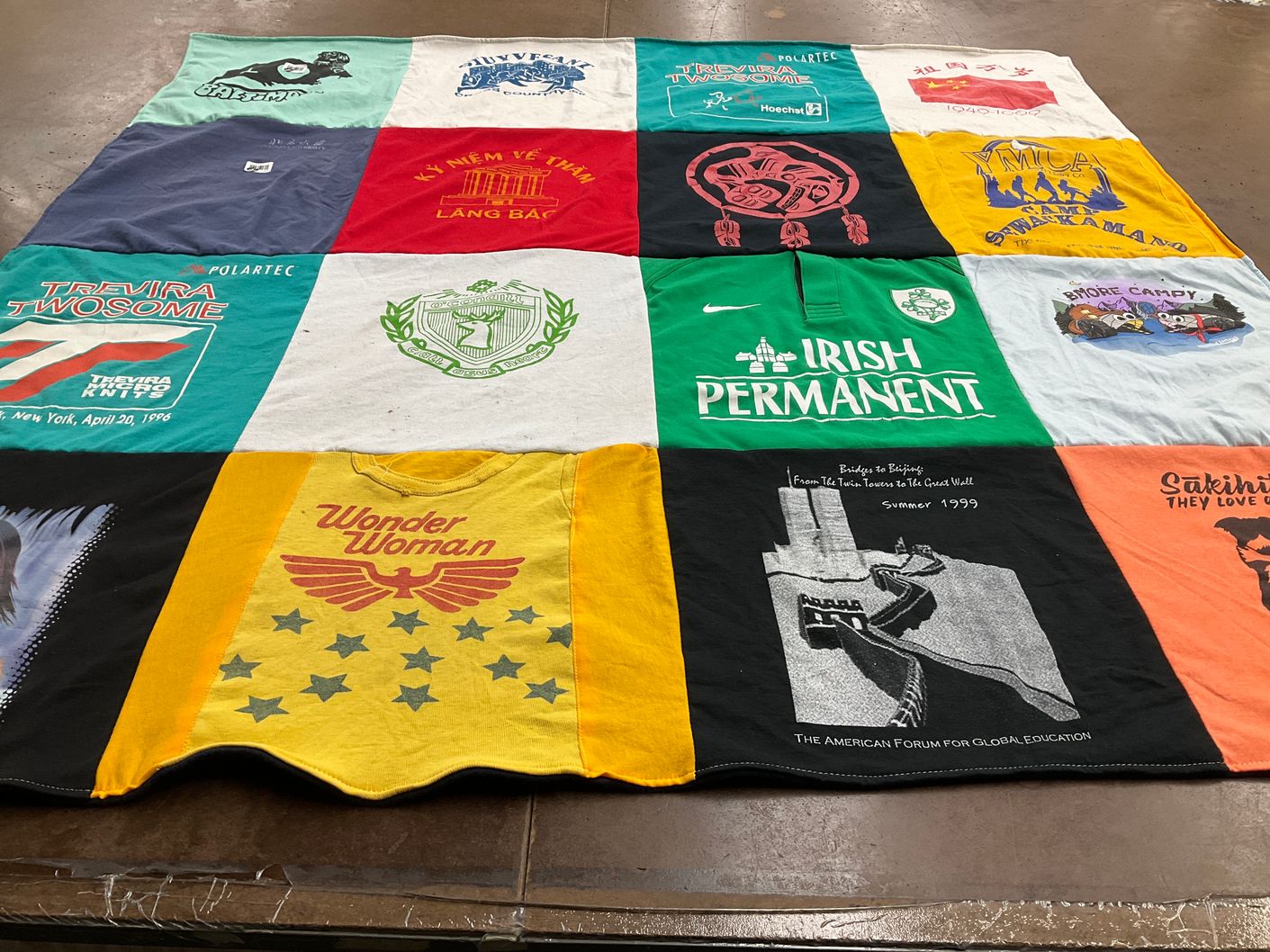 T-shirt quilt with global education, sports themes by Molly from NY