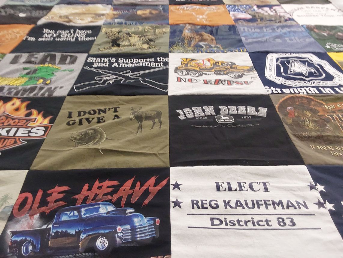 T-shirt quilt with hunting, politics themes by Colleen from IA