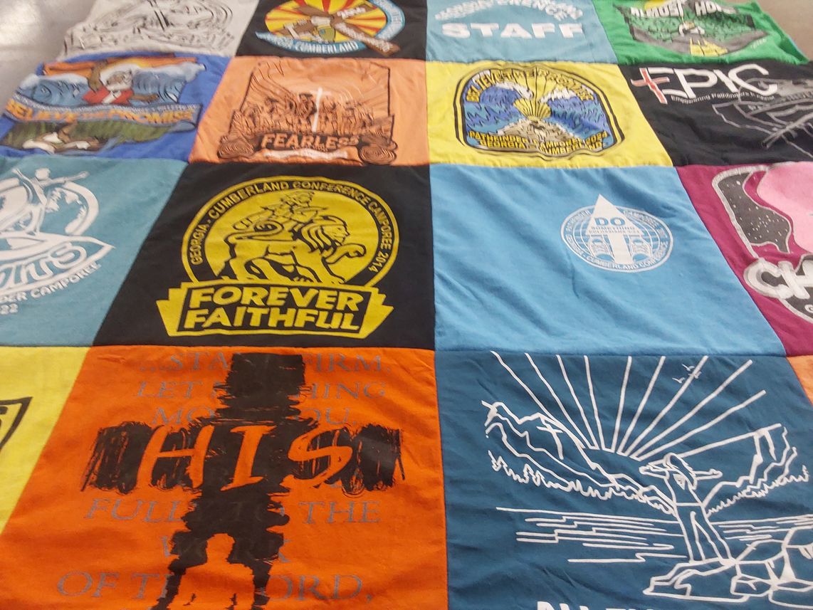 T-shirt quilt with camping, outdoors themes by Fernando from TN