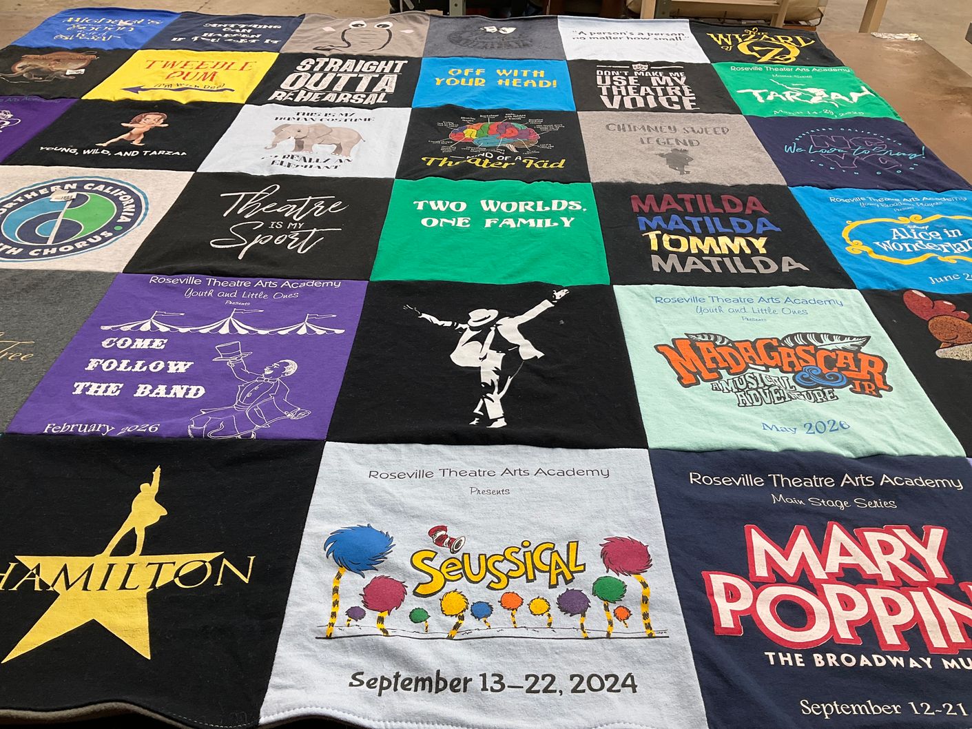 T-shirt quilt with theatre, performing arts themes by Tania from CA
