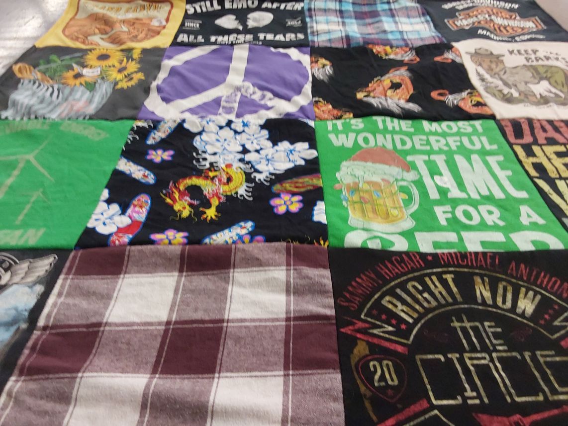 T-shirt quilt with music, beer themes by Rachel from KY