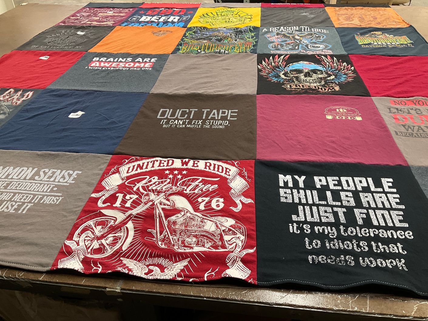 T-shirt quilt with motorcycles, humor themes by Beth from CT