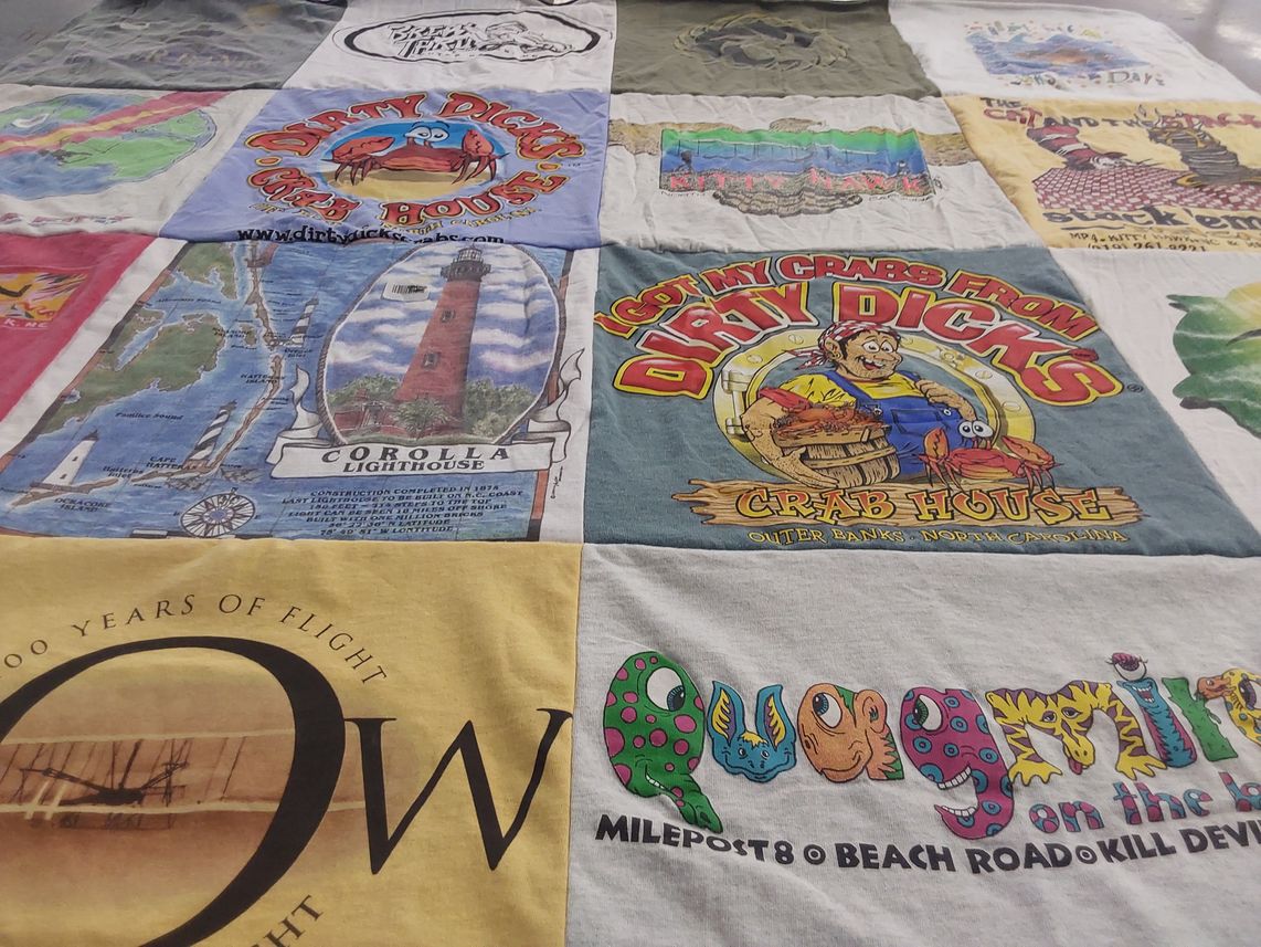 T-shirt quilt with beach, seaside themes by Mary Carol from MO