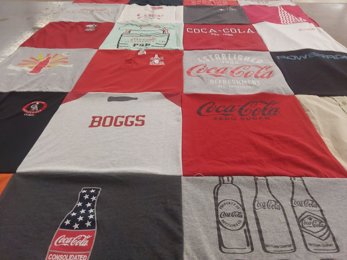 T-shirt quilt with soft drinks, brands themes by Jennifer from NC