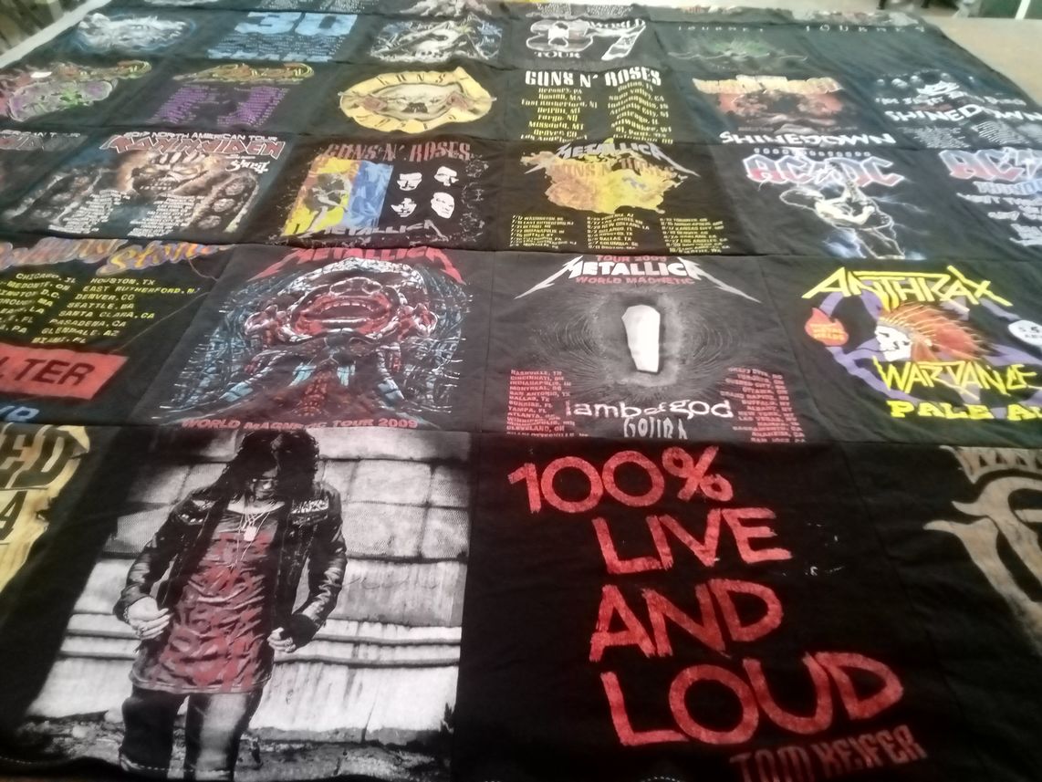 T-shirt quilt with rock music, heavy metal themes by John from TX