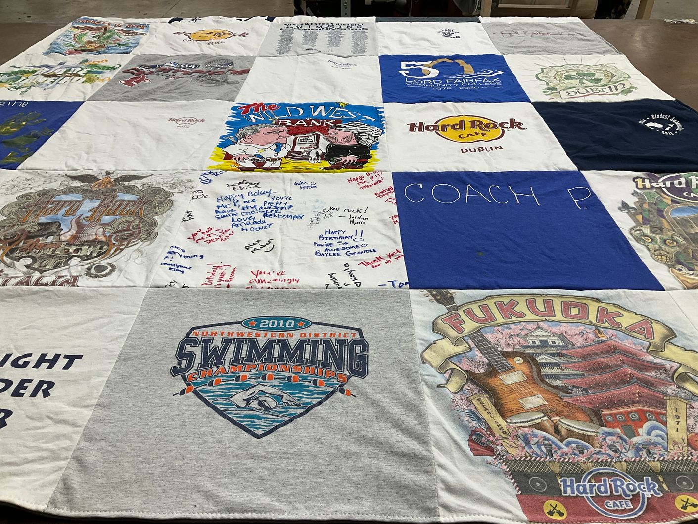 T-shirt quilt with swimming, travel themes by Judy from VA