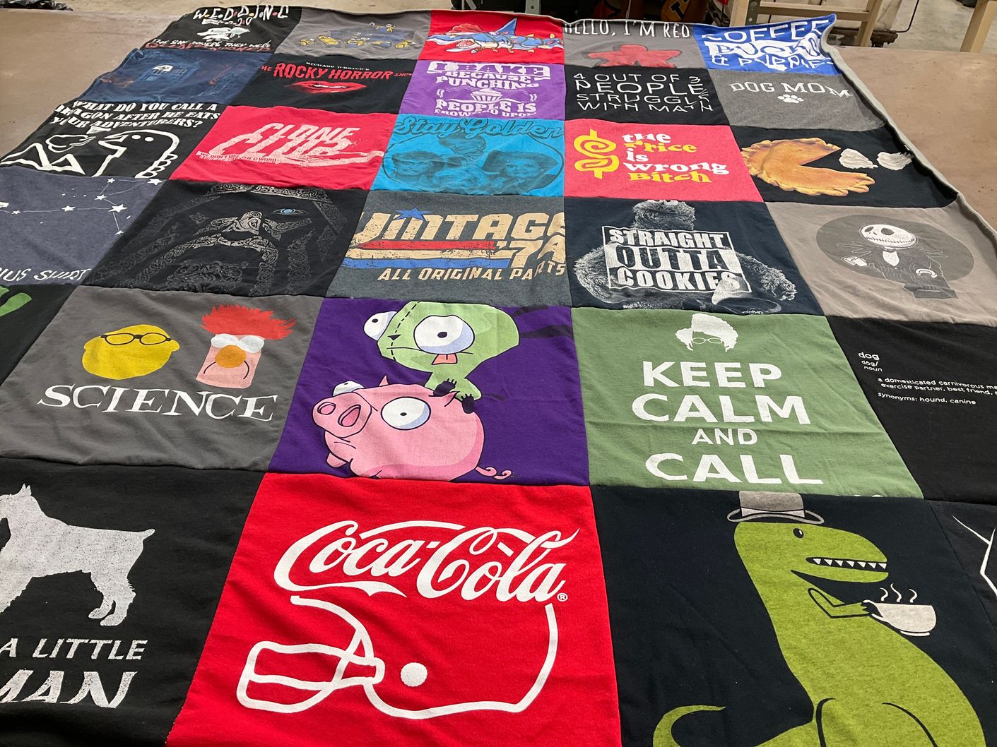 T-shirt quilt with dogs, science themes by Michelle from FL