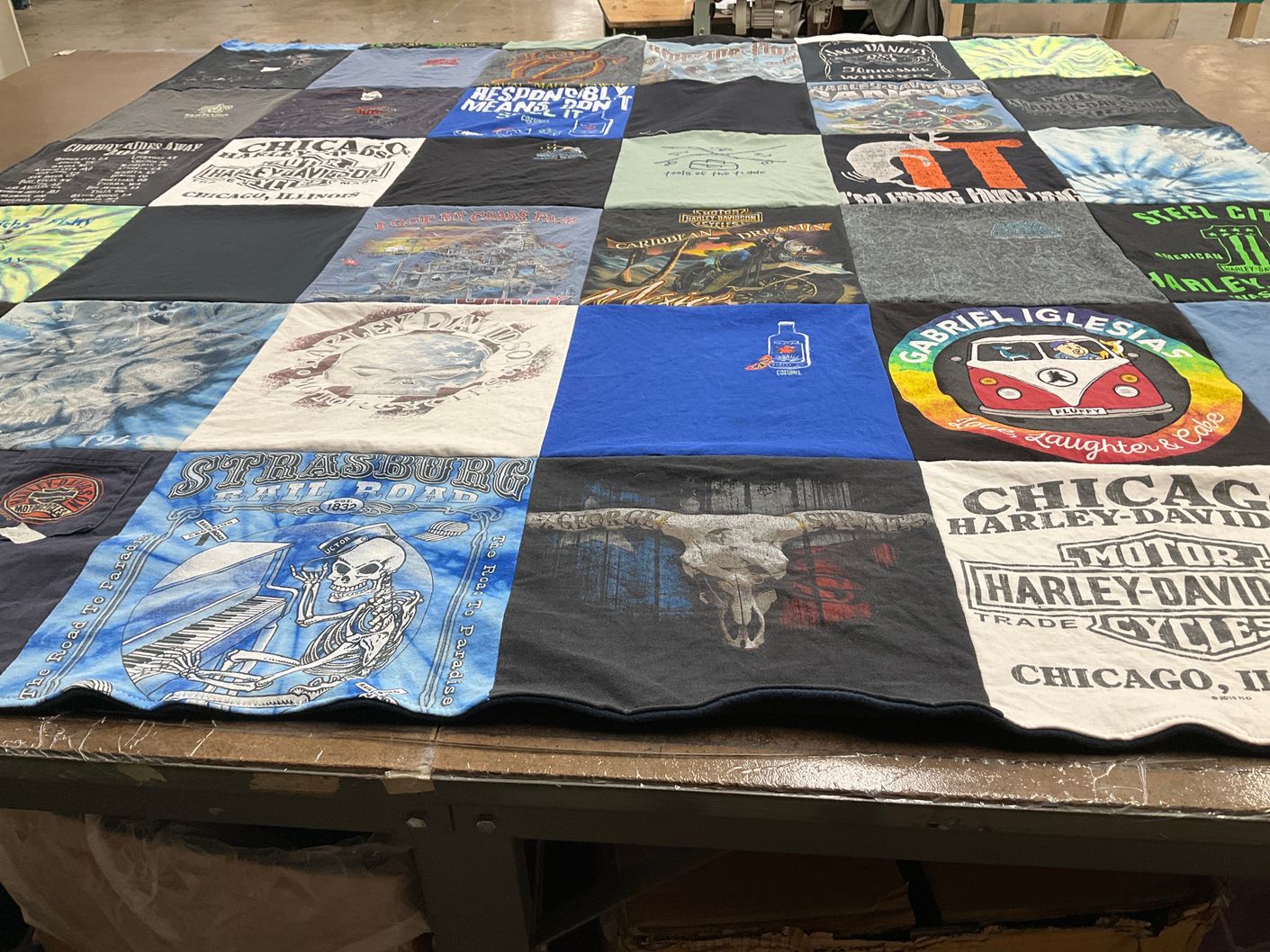 T-shirt quilt with motorcycles, comedy themes by Thea from PA