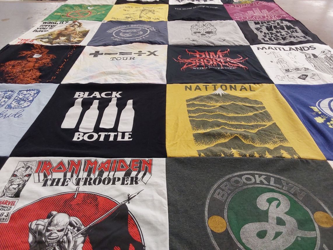 T-shirt quilt with music, beer themes by Tara from NY
