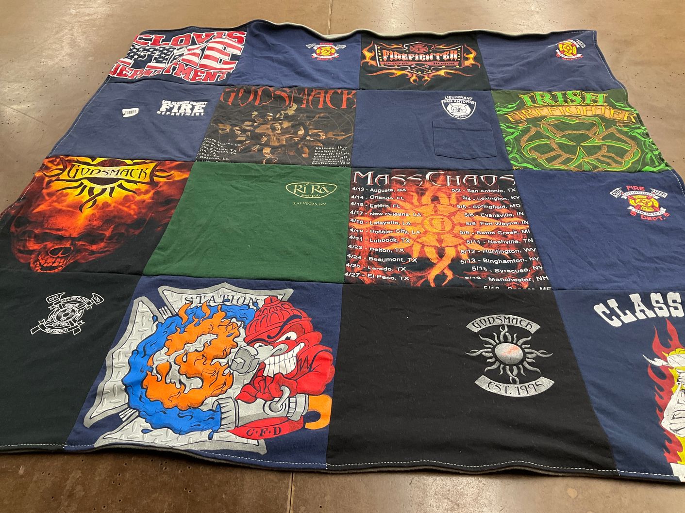 T-shirt quilt with music, firefighting themes by Leslie from TX