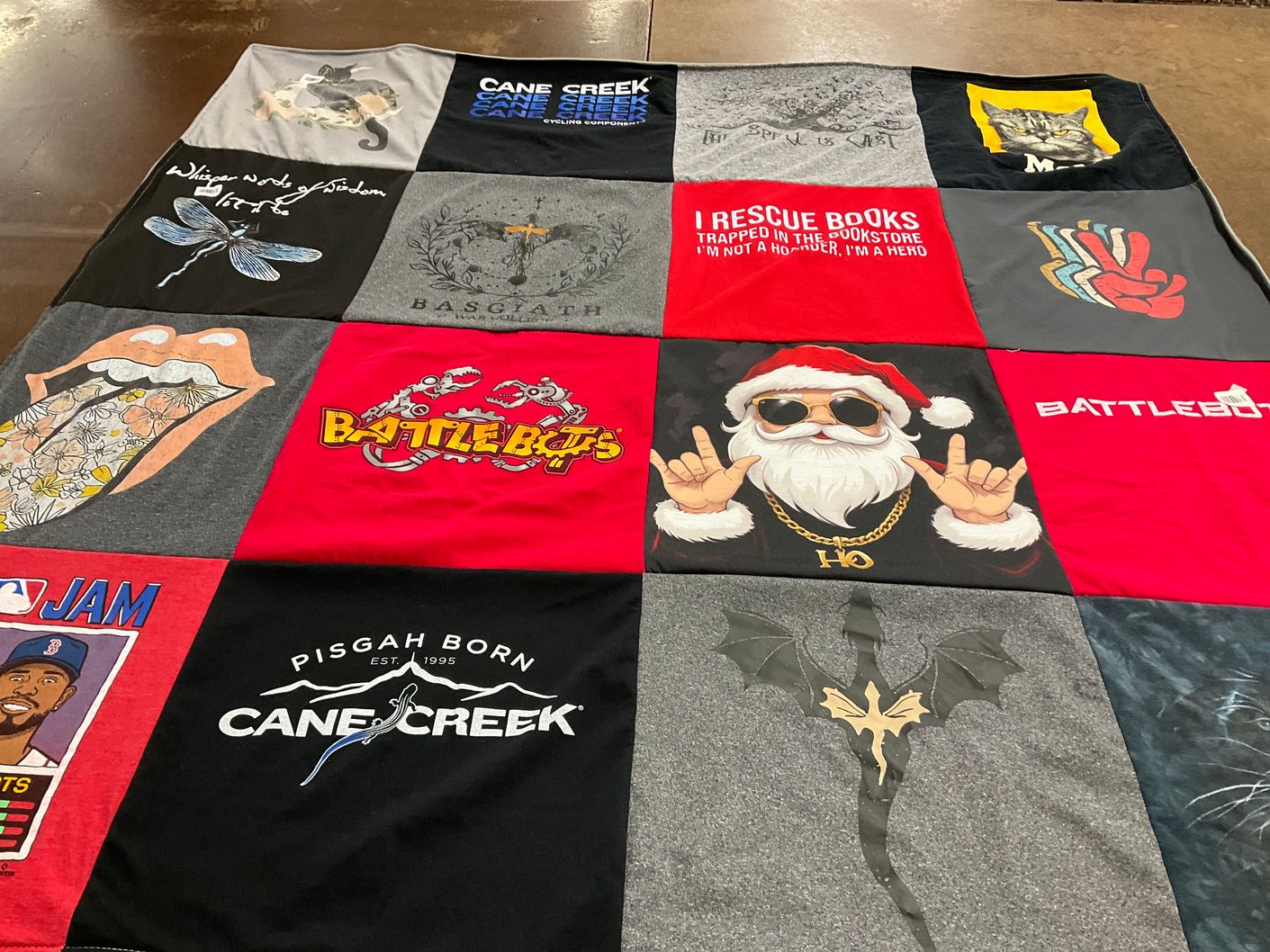 T-shirt quilt with reading, books themes by Deia from VA