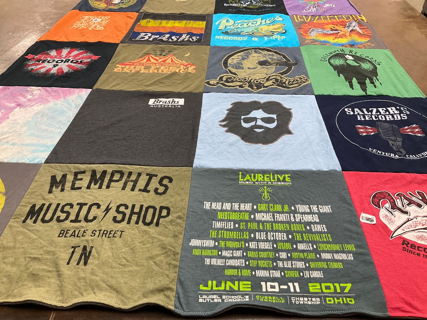 T-shirt quilt with music, record shops themes by Jennifer from PA