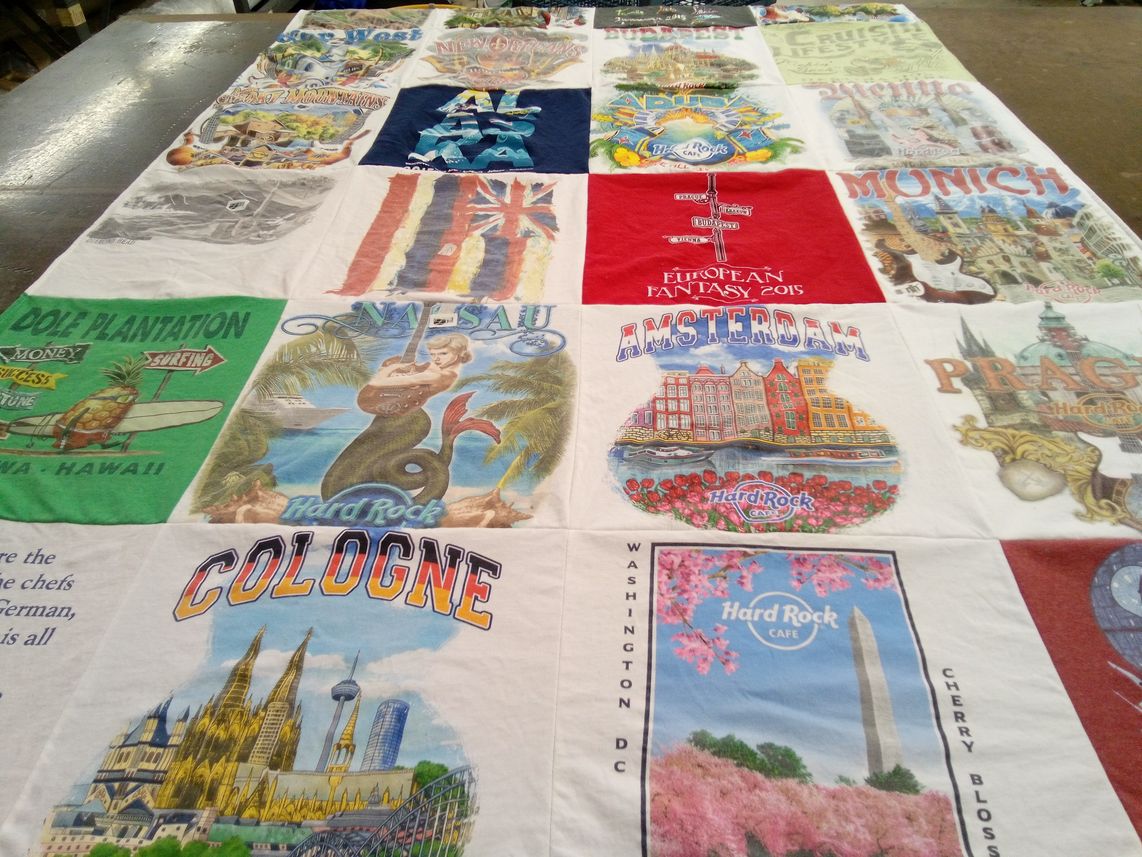 T-shirt quilt with travel, music themes by Belinda from AR