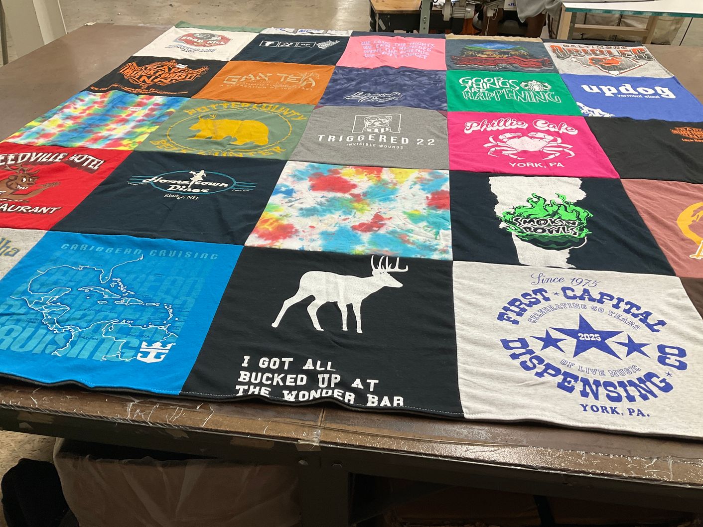 T-shirt quilt with food, restaurants themes by Michelle from PA
