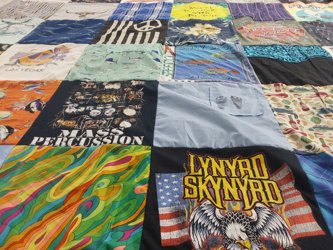 T-shirt quilt with music, drumming themes by Chelsea from TX