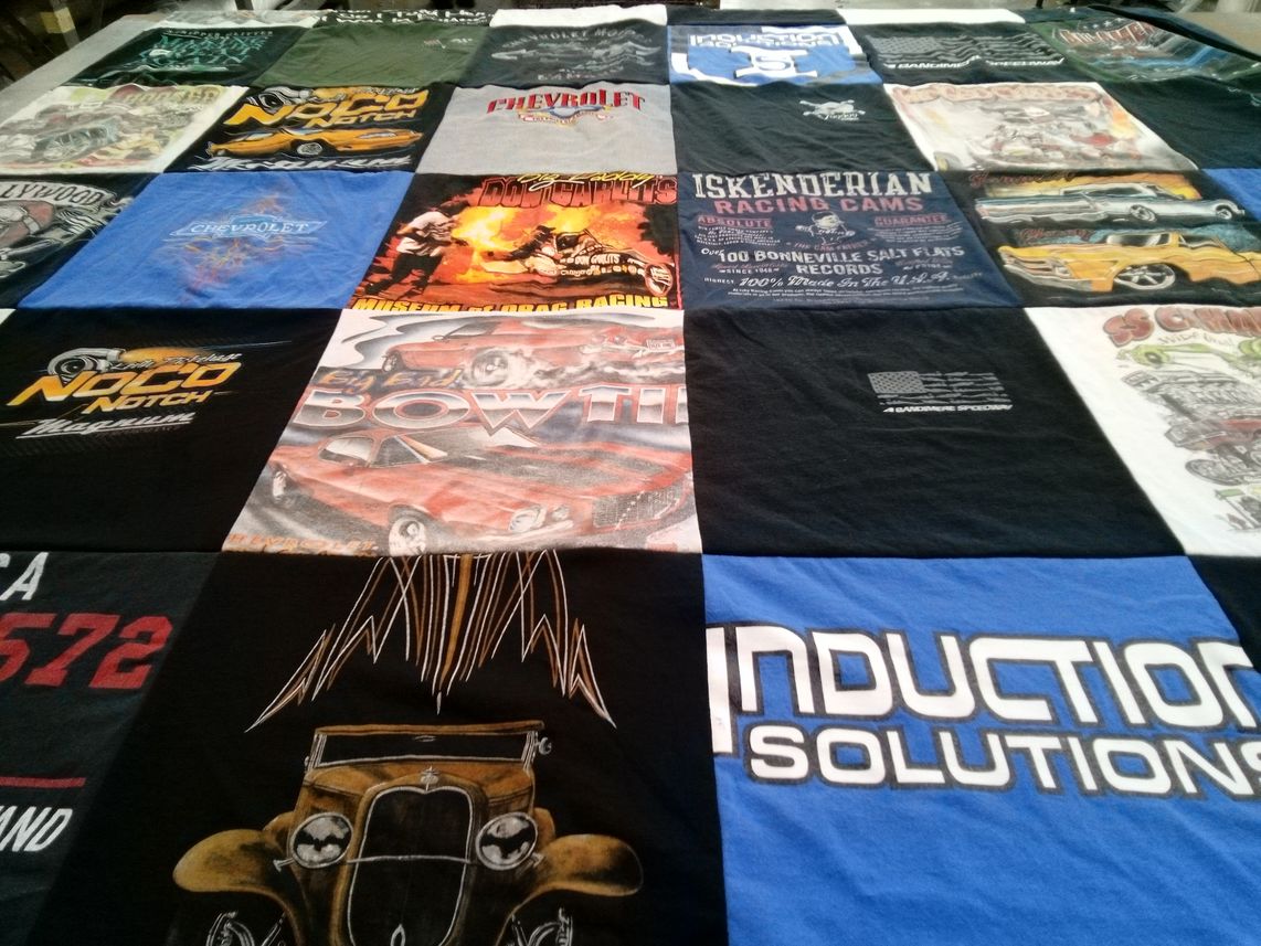 T-shirt quilt with cars, automotive themes by Elizabeth from CO