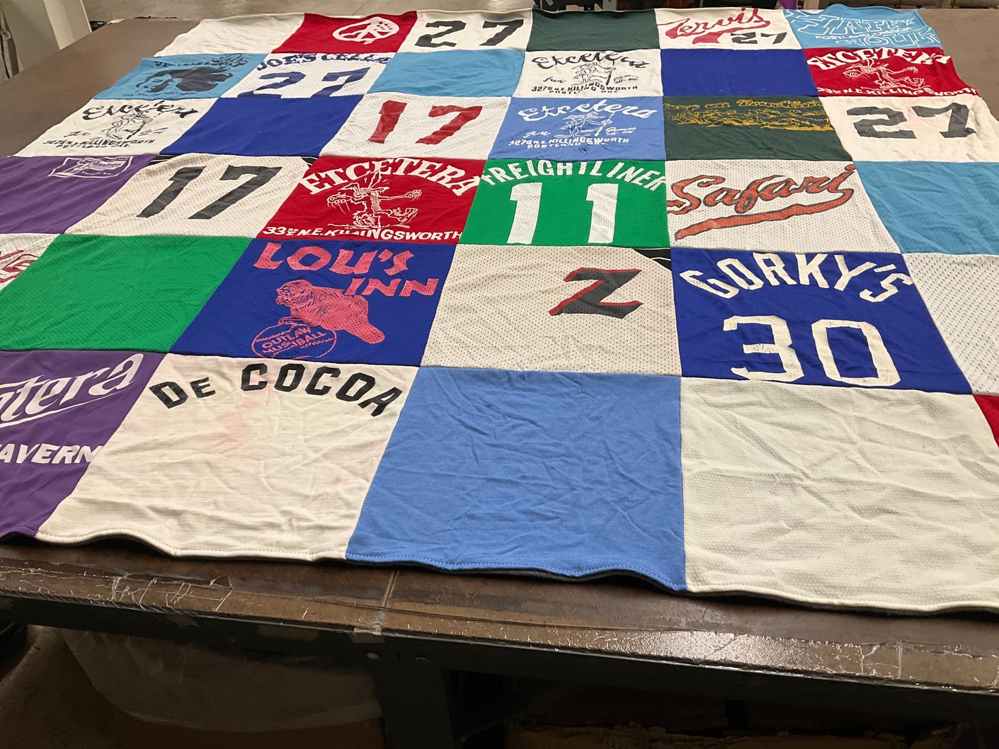 T-shirt quilt with taverns, dining themes by Lynn from OR