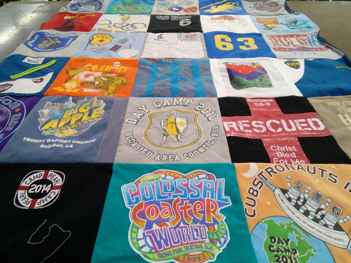 T-shirt quilt with camping, scouting themes by Brandi from LA