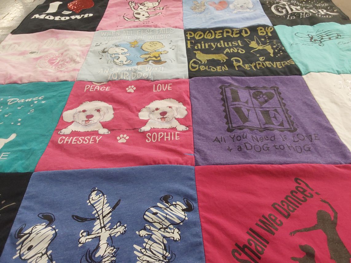 T-shirt quilt with music, dancing themes by Susan from MI