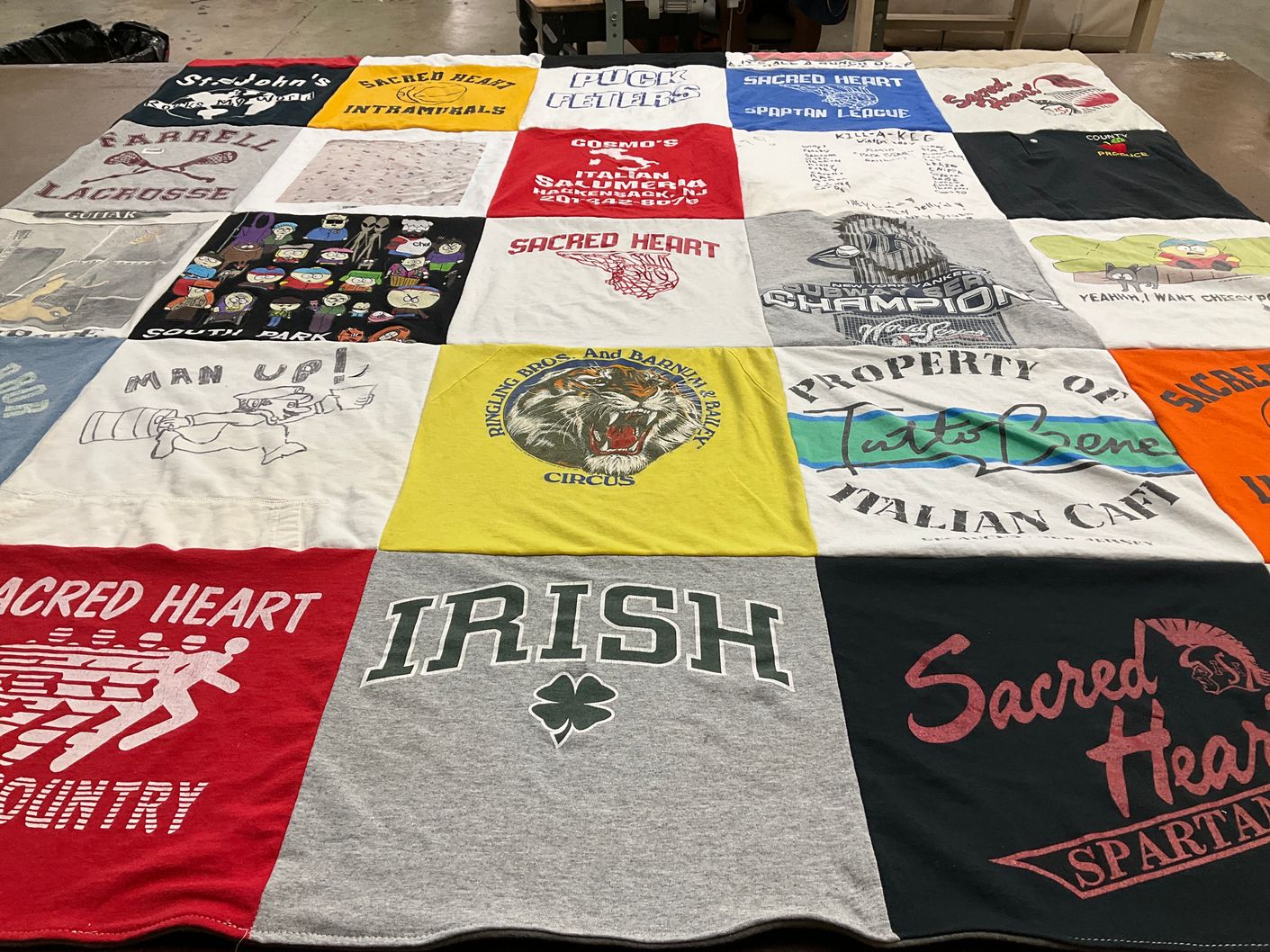 T-shirt quilt featuring sacred heart spartans by Patricia from NY