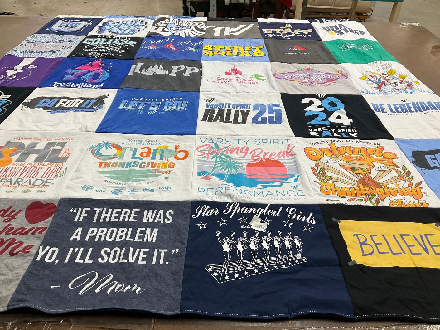 T-shirt quilt with cheerleading, performing arts themes by Catherine from TN