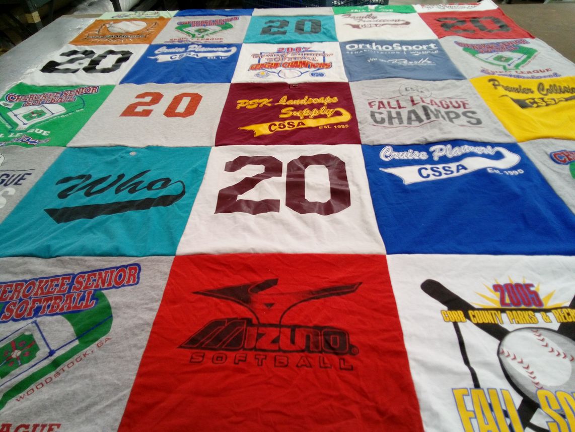 T-shirt quilt with softball, baseball themes by Donna from GA