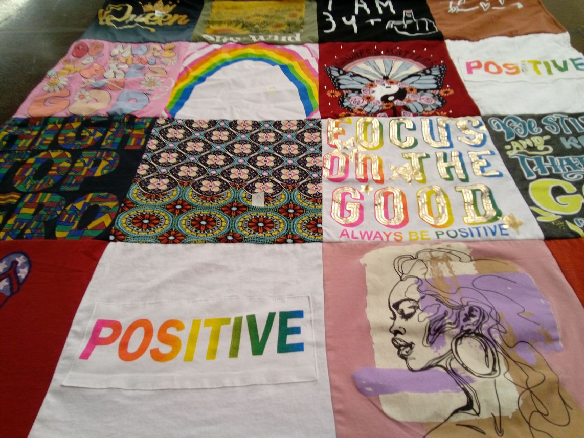 T-shirt quilt with positivity, inspiration themes by Diane from VA