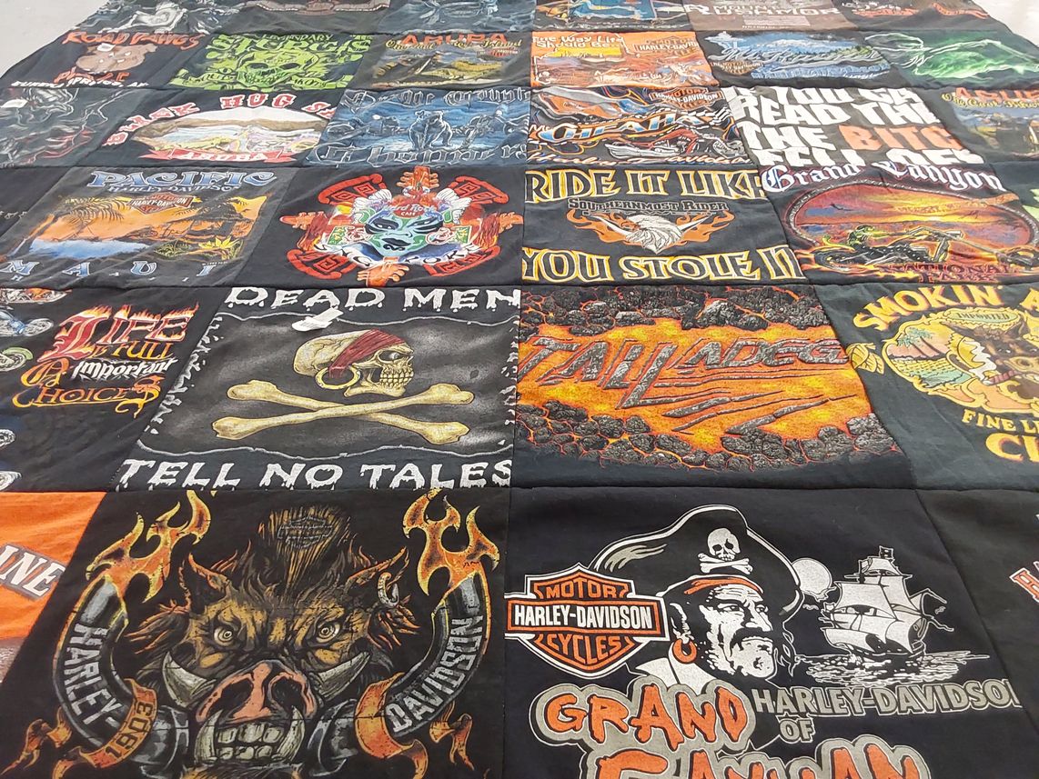 T-shirt quilt with motorcycles, biking themes by Lynn from OK