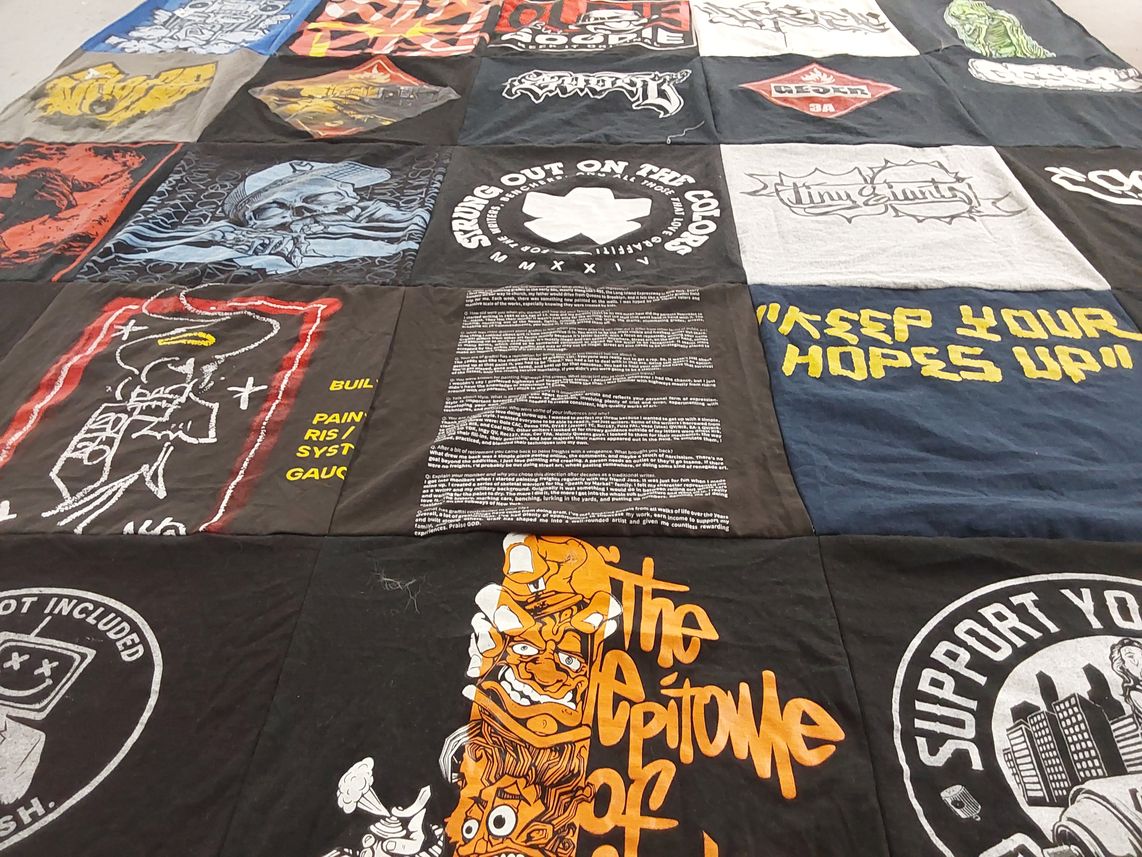 T-shirt quilt with art, music themes by Matt from WA
