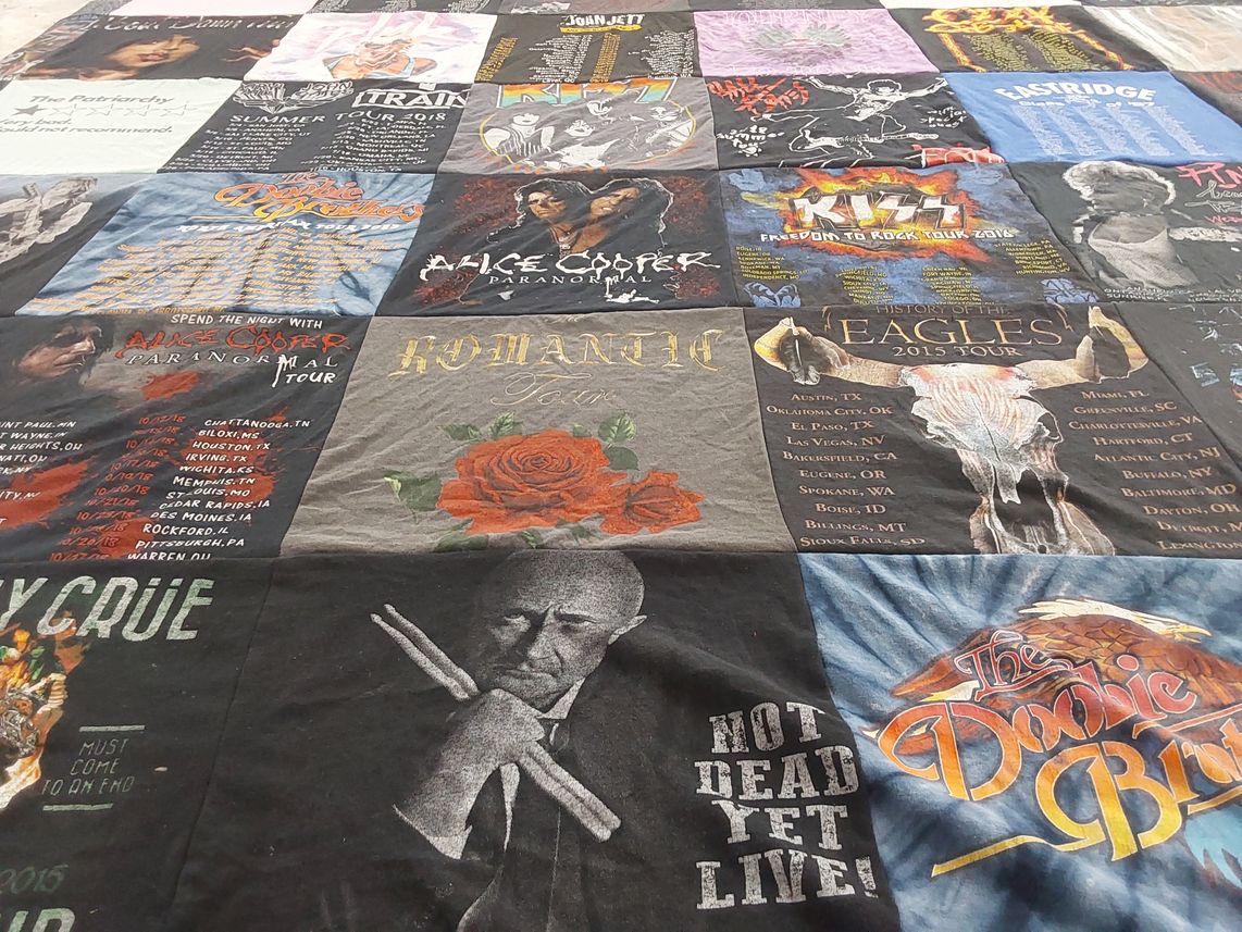 T-shirt quilt with music, concerts themes by Sue from NY