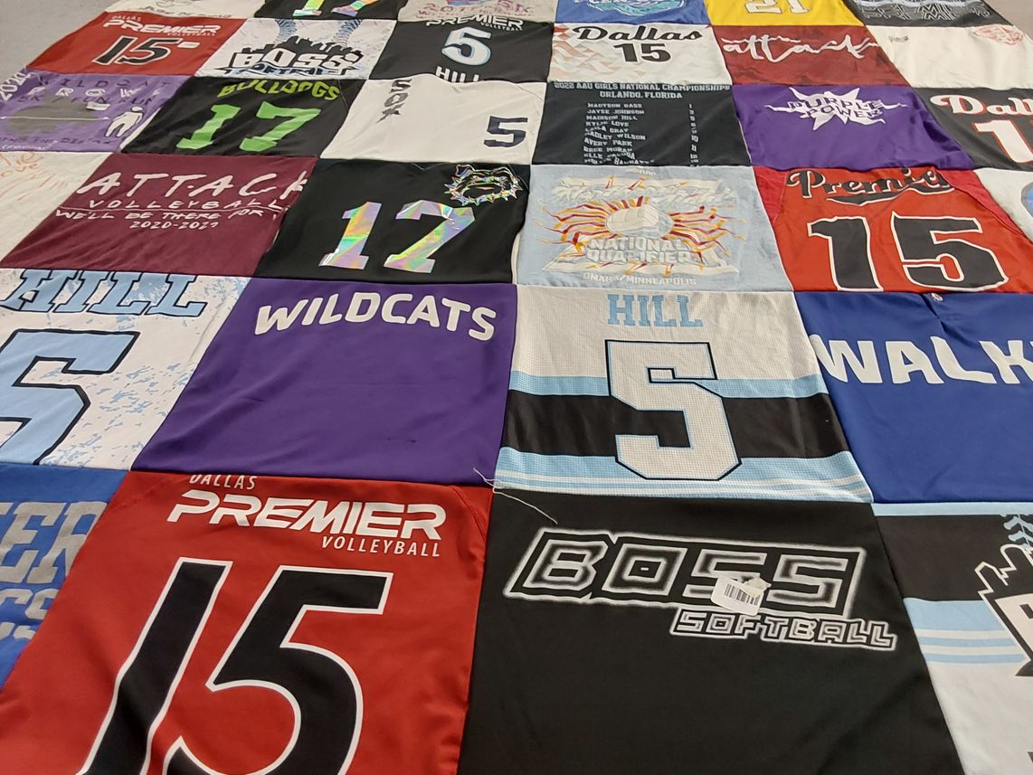 T-shirt quilt with volleyball, softball themes by Diven from TX
