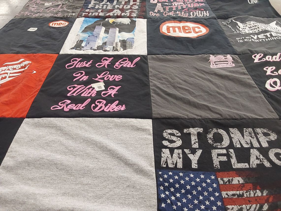 T-shirt quilt with motorcycles, patriotism themes by Ginger from OH