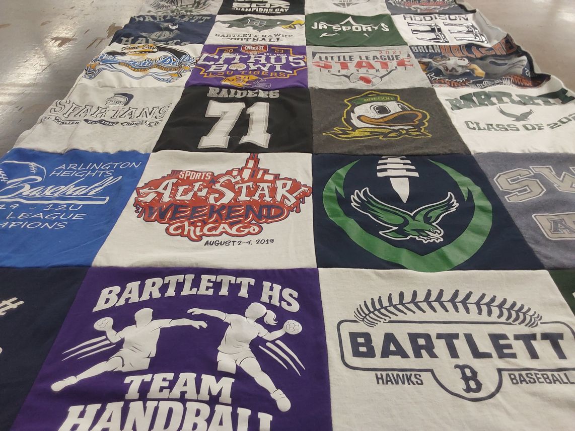 T-shirt quilt featuring bartlett hawks, st. rita raiders by Susan from IL