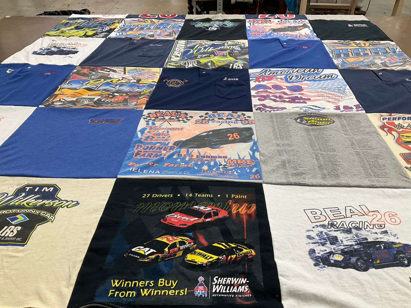 T-shirt quilt with nascar, car racing themes by Jaimie from IL