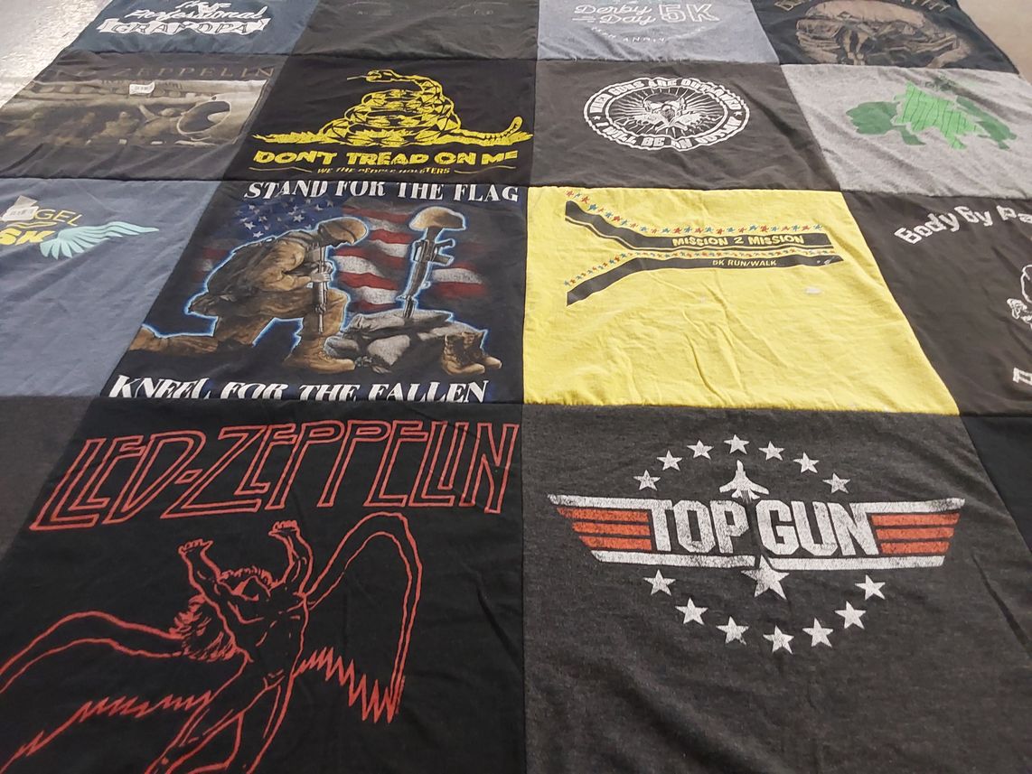 T-shirt quilt with music, military themes by Michelle from CA