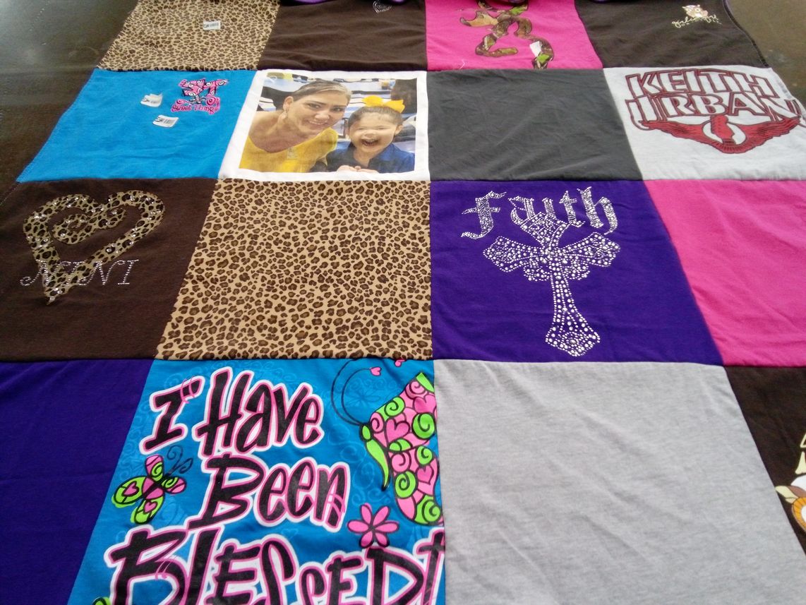 T-shirt quilt with music, faith themes by Elena from TX