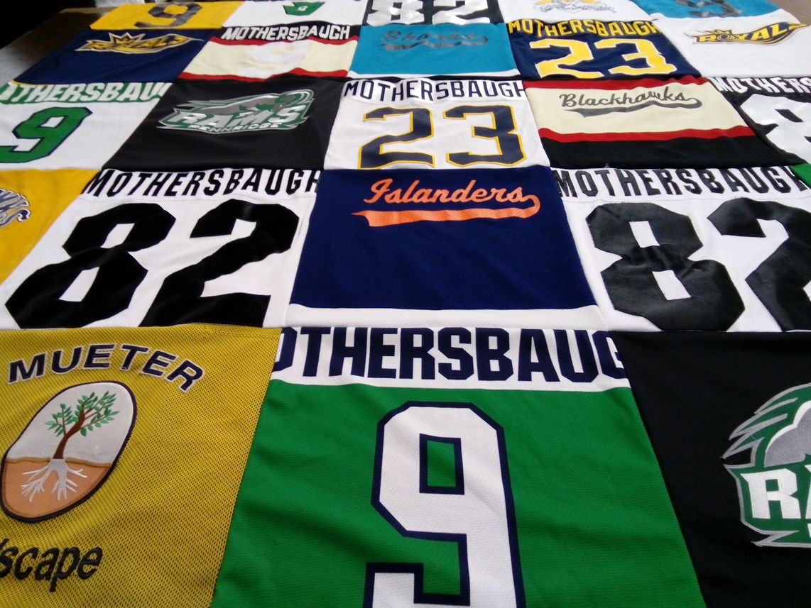 T-shirt quilt with sports, quilting themes by Jennifer from PA